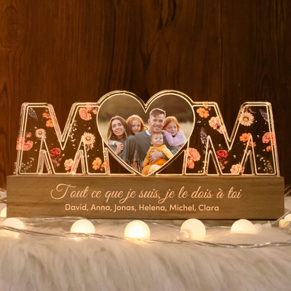 Veilleuse personnalisée "MOM" avec photo et fleurs de naissance pour maman