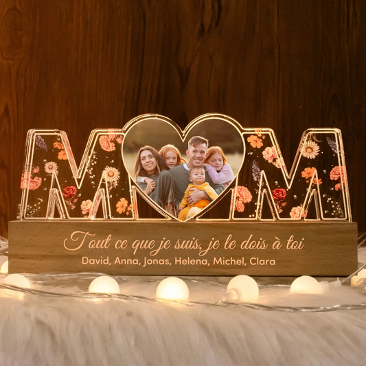 Veilleuse personnalisée "MOM" avec photo et fleurs de naissance pour maman