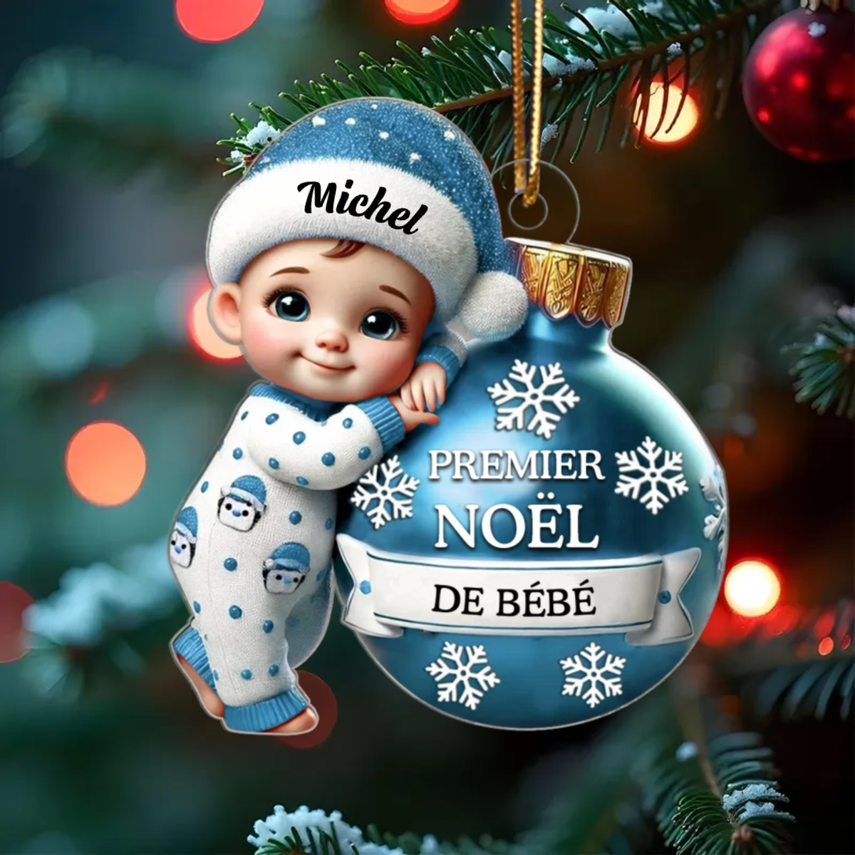 Ornement Plat Personnalisé en Acrylique 2D – Bébé Tenant une Boule pour Premier Noël