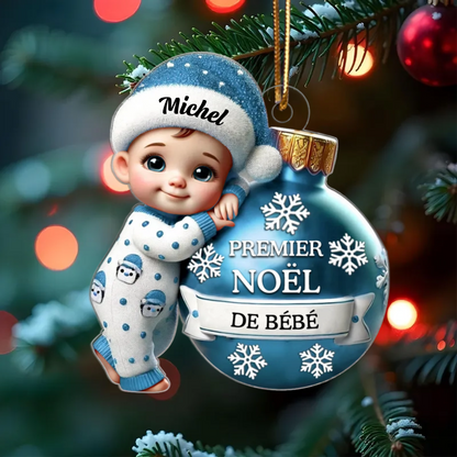 Ornement Plat Personnalisé en Acrylique 2D – Bébé Tenant une Boule pour Premier Noël
