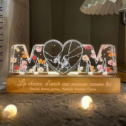 Veilleuse personnalisée "MOM" avec fleurs de naissance et motif main dans la main