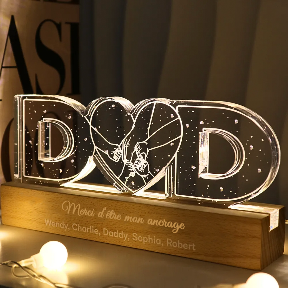Veilleuse personnalisée "DAD" avec motif main dans la main – Cadeau pour papa