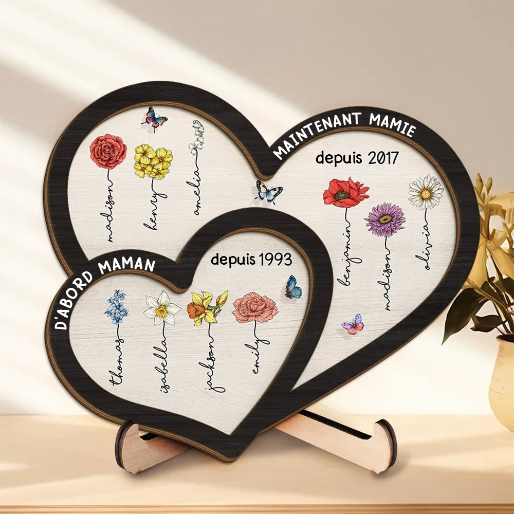 D'abord... Maintenant... Plaque en bois à double cœur personnalisée avec fleurs de naissance et noms
