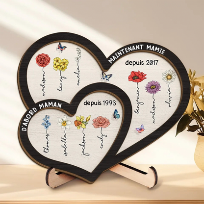 D'abord... Maintenant... Plaque en bois à double cœur personnalisée avec fleurs de naissance et noms