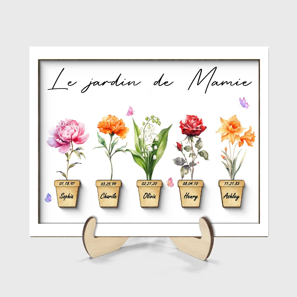 Tableau en bois personnalisé avec fleurs de naissance pour mamie et maman