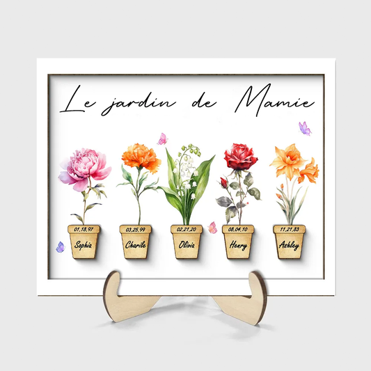 Tableau en bois personnalisé avec fleurs de naissance pour mamie et maman