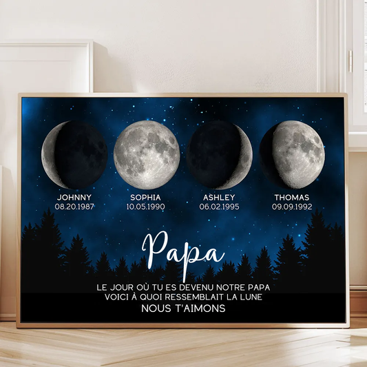Affiche personnalisée des phases de la lune avec cadre – Cadeau pour Papa
