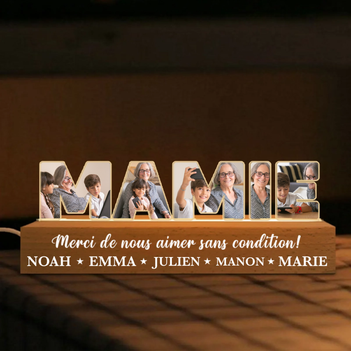 Veilleuse personnalisée avec photos, prénoms et texte – Cadeau pour maman et mamie