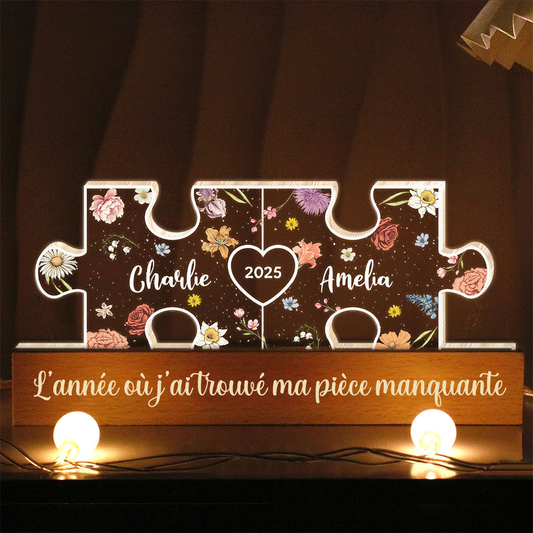 Lampe de nuit puzzle personnalisée avec fleurs de naissance pour couple amoureux
