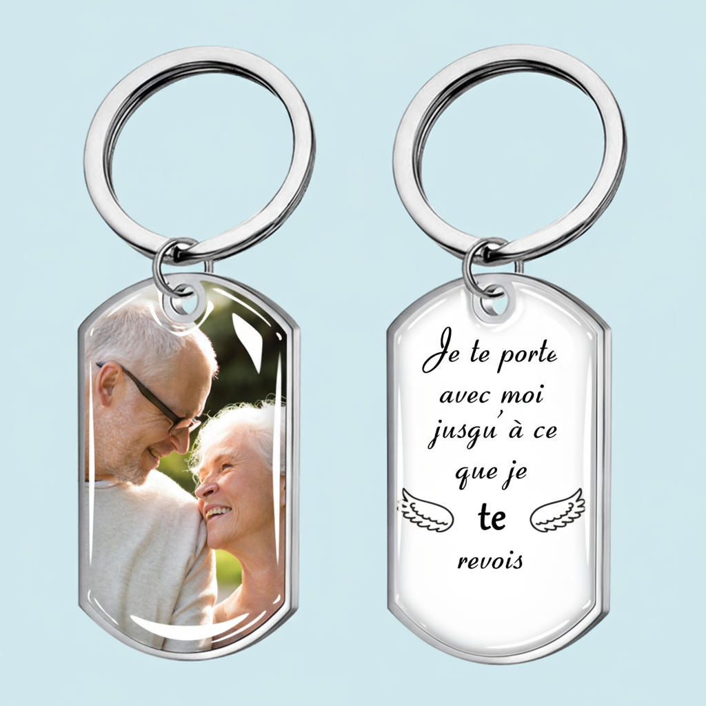 Porte-clés photo avec texte, porte-clés en acier inoxydable avec résine époxy Cadeau de deuil