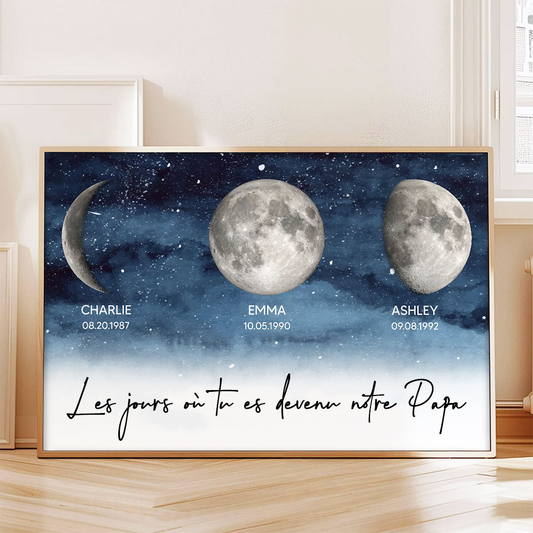 Affiche personnalisée des phases de la lune avec cadre en bois – Cadeau pour Maman et Papa