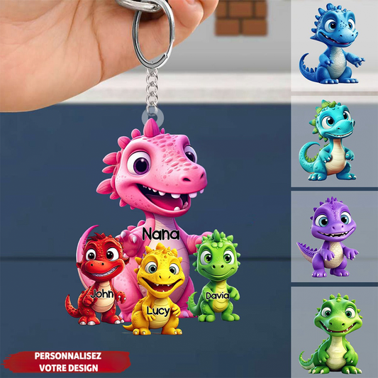 Porte-clés en acrylique personnalisable - Maman/Dino et ses enfants