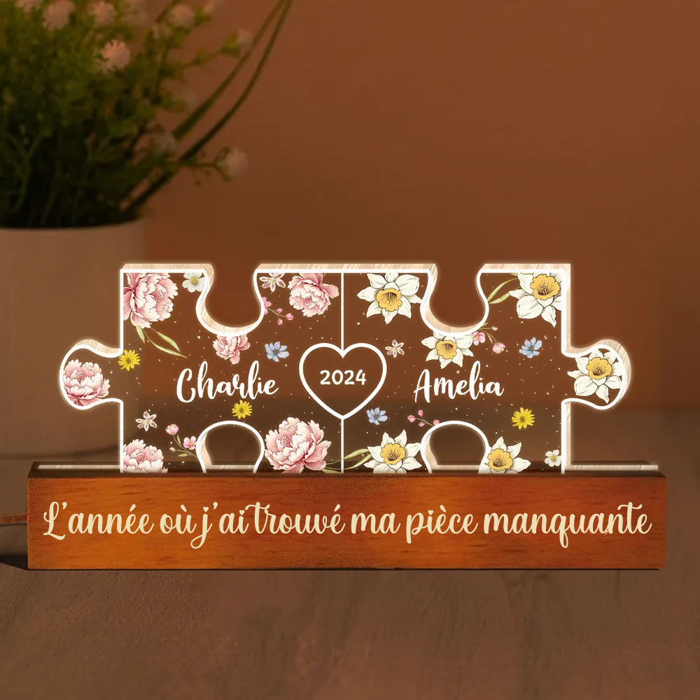 Lampe de nuit puzzle personnalisée avec fleurs de naissance pour couple amoureux