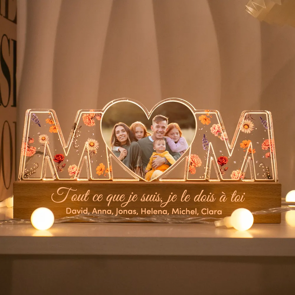 Veilleuse personnalisée "MOM" avec photo et fleurs de naissance pour maman