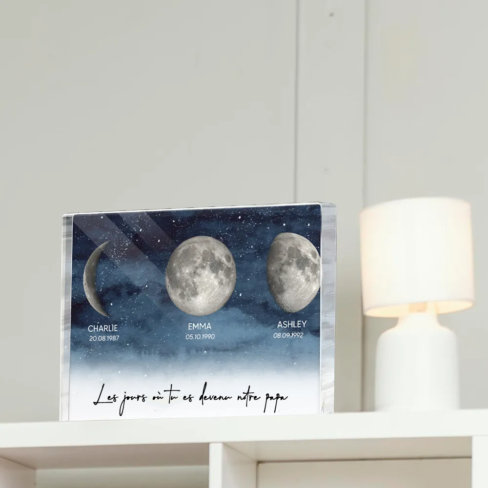 Bloc acrylique personnalisé avec phases lunaires et texte Cadeau pour papa et maman