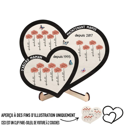 D'abord... Maintenant... Plaque en bois à double cœur personnalisée avec fleurs de naissance et noms