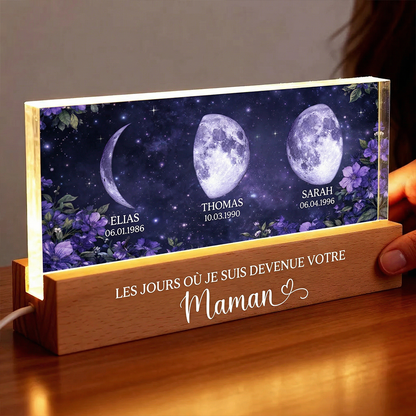 Fleurs violettes – Veilleuse LED personnalisée avec phases de lune et texte – Cadeau pour maman et mamie