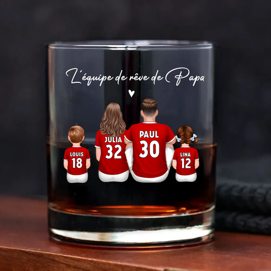 L’équipe de foot de Papa – Verre à whisky personnalisé avec 2 à 5 personnages, cadeau pour papa
