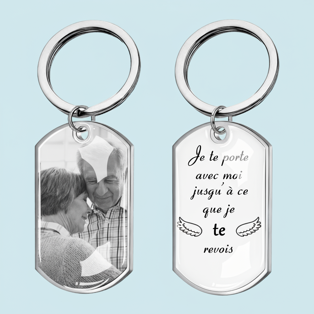 Porte-clés photo avec texte, porte-clés en acier inoxydable avec résine époxy Cadeau de deuil