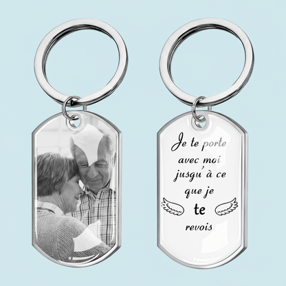 Porte-clés photo avec texte, porte-clés en acier inoxydable avec résine époxy Cadeau de deuil