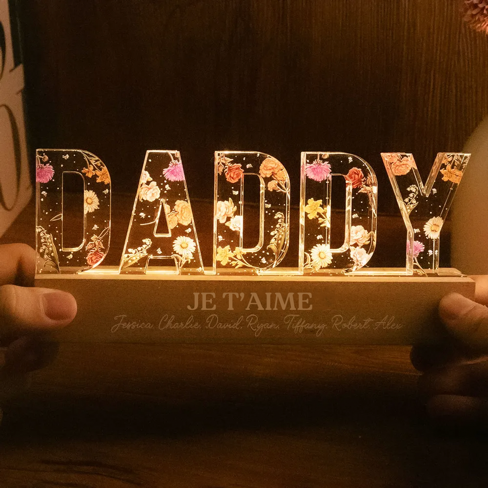Veilleuse LED personnalisée DADDY avec fleurs de naissance, citations et prénoms – Cadeau pour papa
