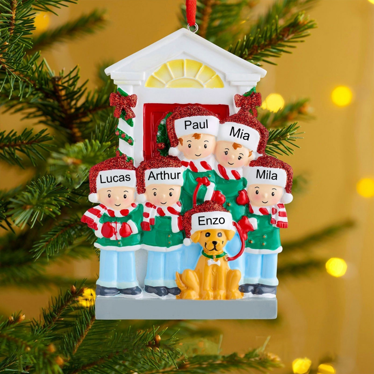 Famille avec chien-Décoration de Noël personnalisée avec 3- 6 noms