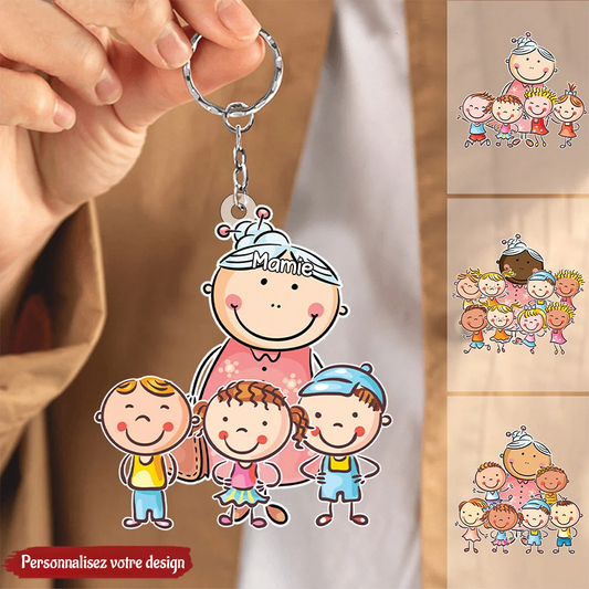 Porte-clés en acrylique personnalisé "Grand-mère et enfants en dessin animé"