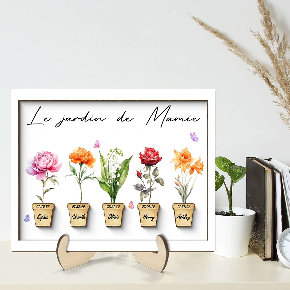 Tableau en bois personnalisé avec fleurs de naissance pour mamie et maman