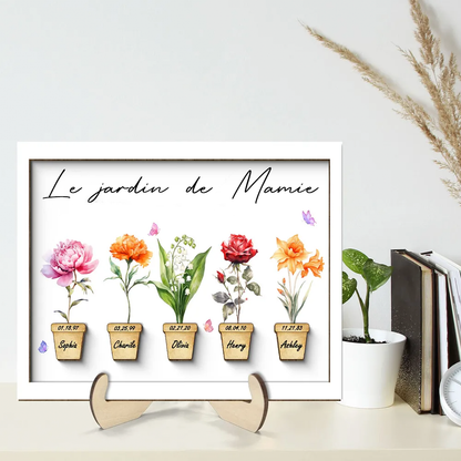 Tableau en bois personnalisé avec fleurs de naissance pour mamie et maman