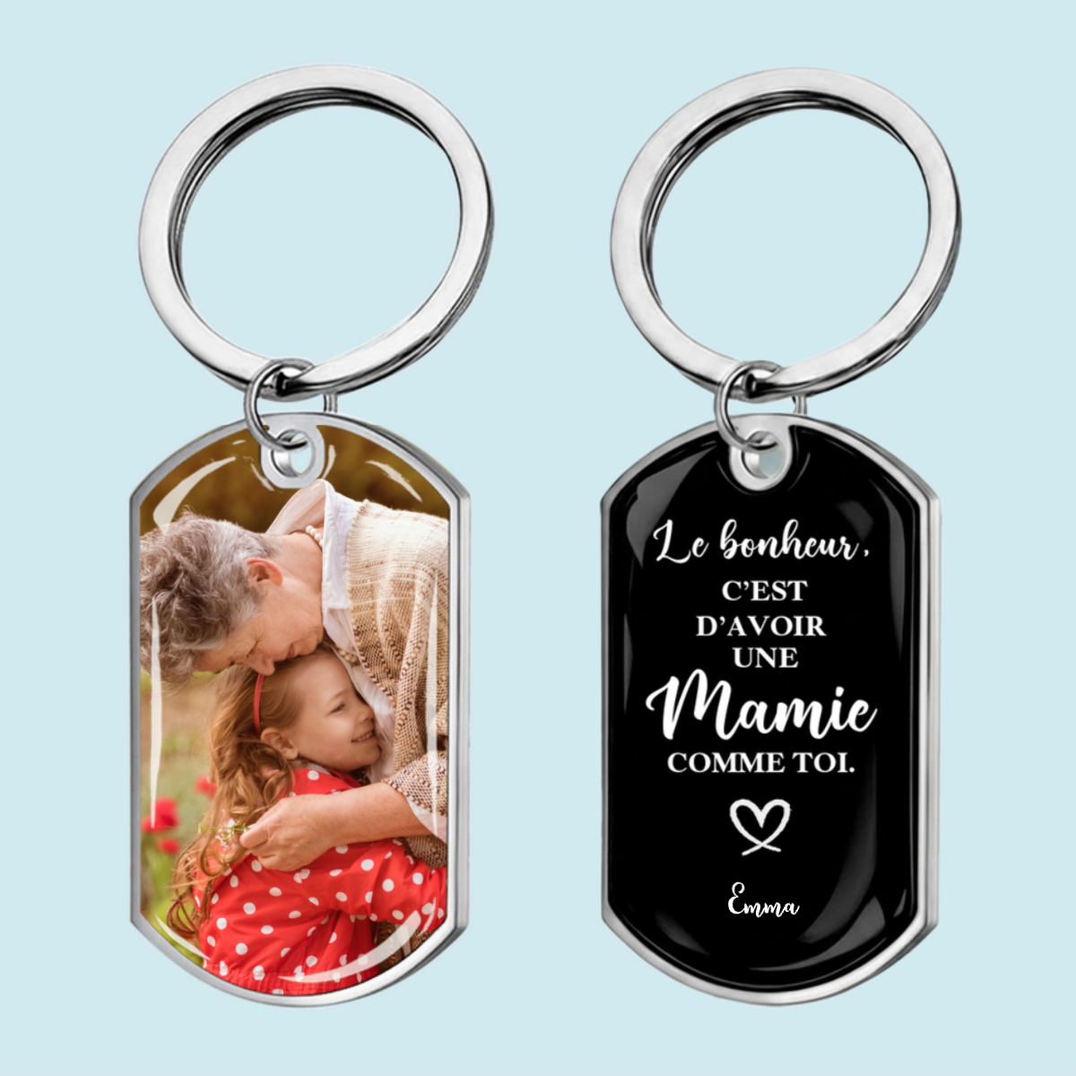 Porte-clés photo gravé en acier inoxydable avec résine époxy – Cadeau pour papa, maman, mamie et papi