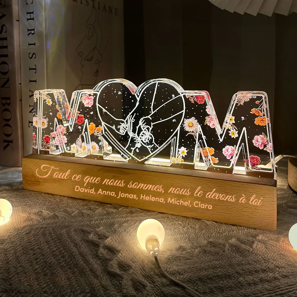 Veilleuse personnalisée "MOM" avec fleurs de naissance et motif main dans la main