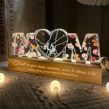 Veilleuse personnalisée "MOM" avec fleurs de naissance et motif main dans la main