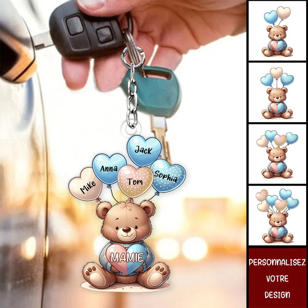 Porte-clés personnalisé « Amour d'ours avec ballons en forme de cœurs ».