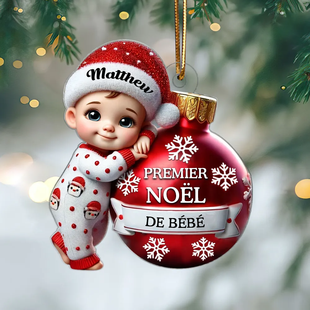 Ornement Plat Personnalisé en Acrylique 2D – Bébé Tenant une Boule pour Premier Noël