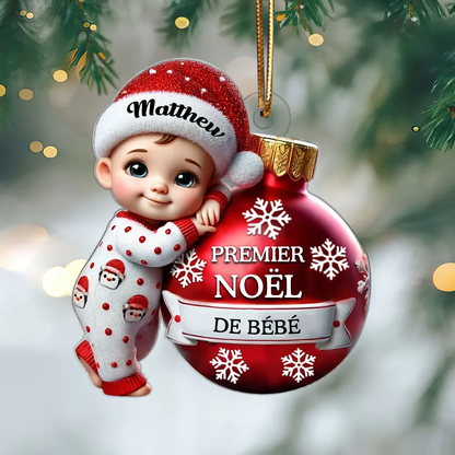 Ornement Plat Personnalisé en Acrylique 2D – Bébé Tenant une Boule pour Premier Noël