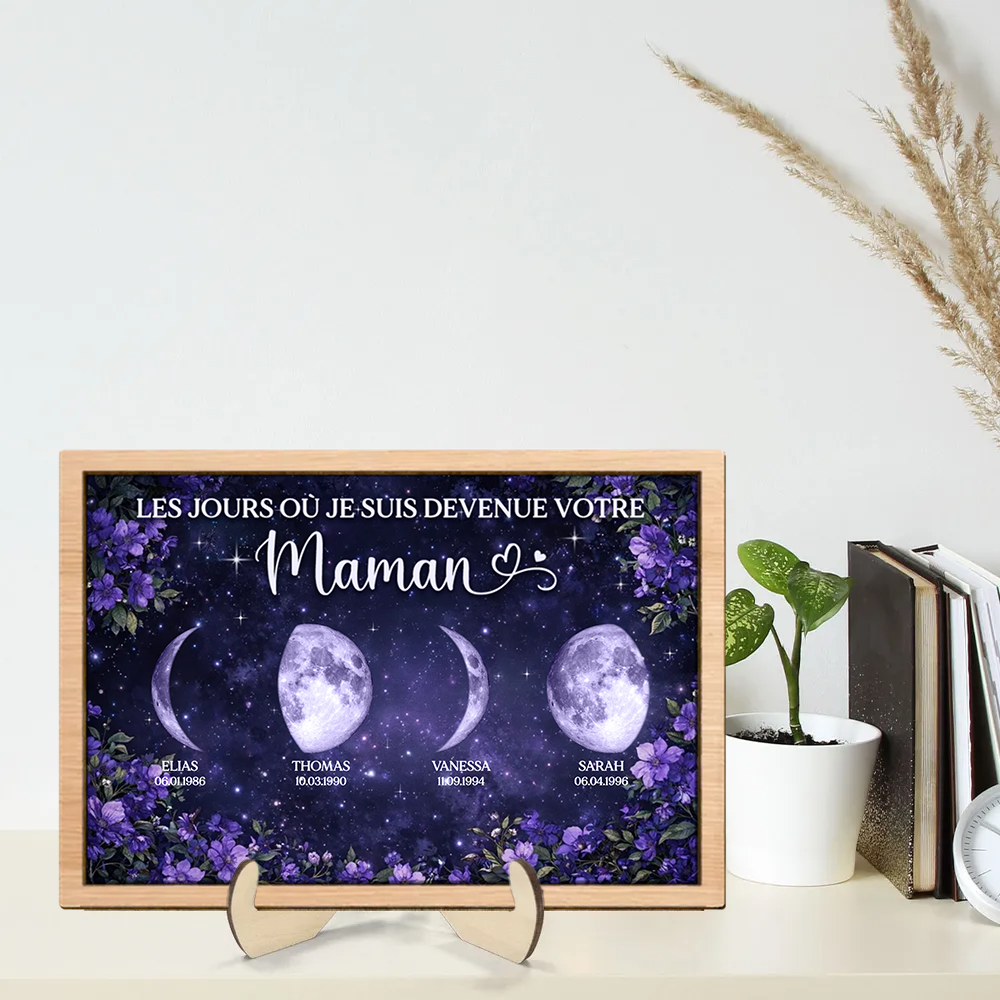 Fleurs violettes et phases de lune – Présentoir en bois personnalisé – Cadeau pour maman