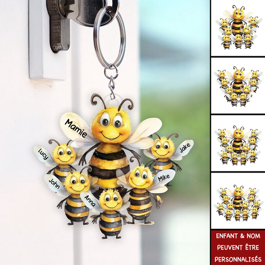 Porte-clés en acrylique "Famille d'abeilles" avec impression des deux côtés pour maman et mamie