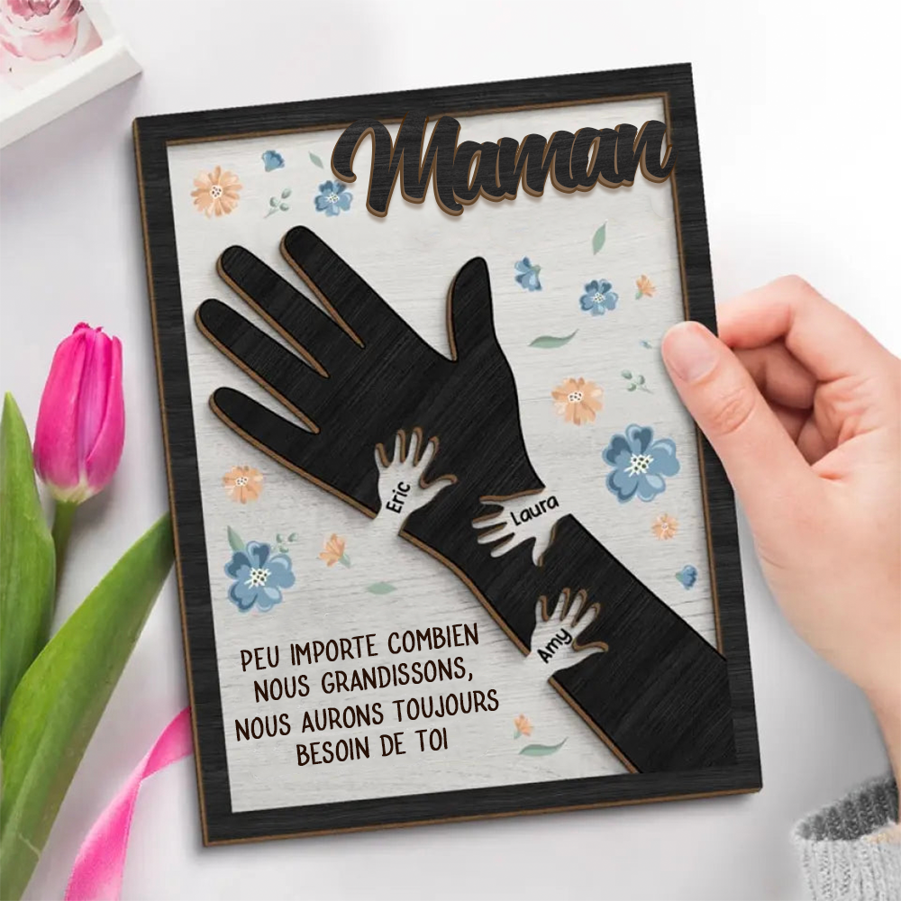 Plaque en bois personnalisée avec des mains pour maman et mamie