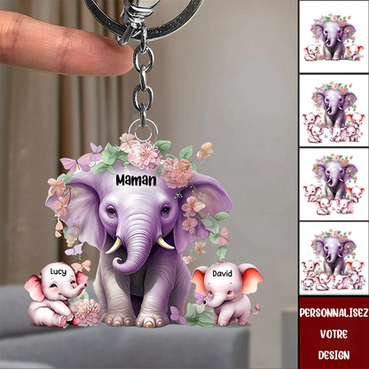 Porte-clés personnalisé en acrylique avec maman éléphant et bébés éléphants