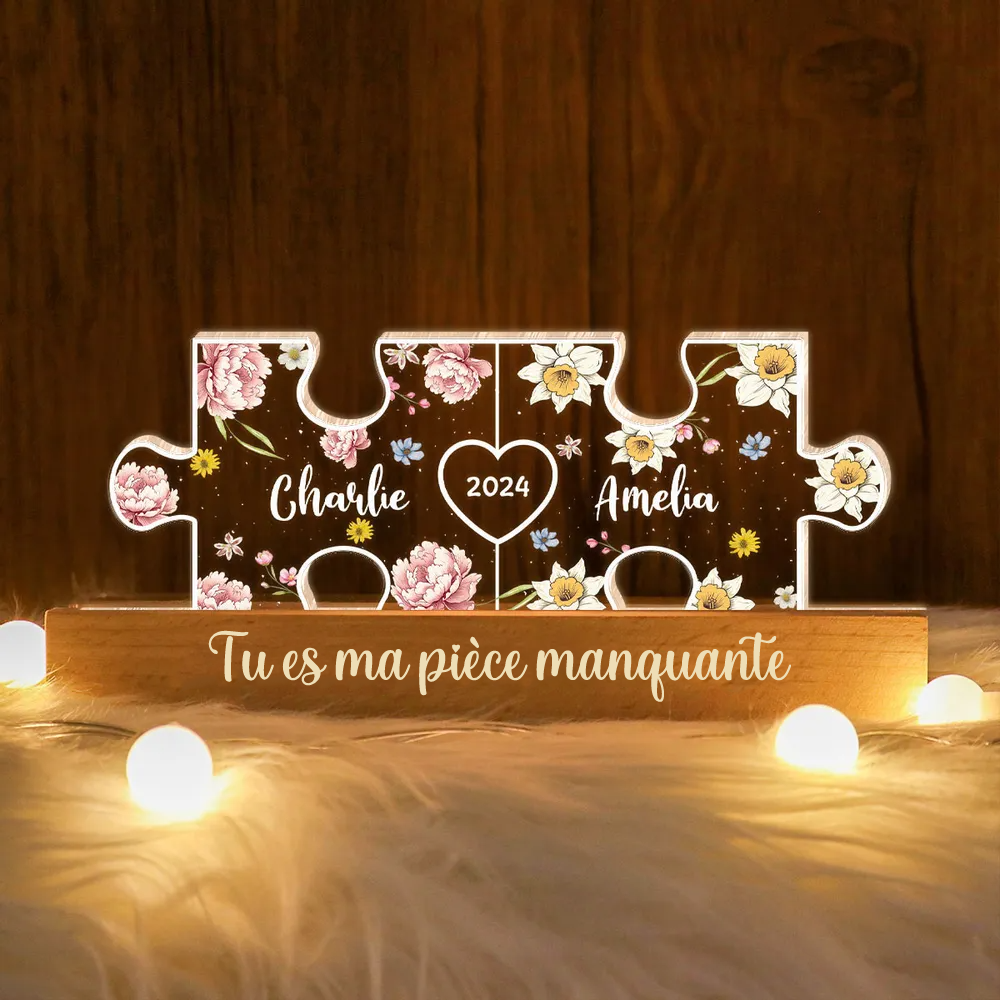 Lampe de nuit puzzle personnalisée avec fleurs de naissance pour couple amoureux