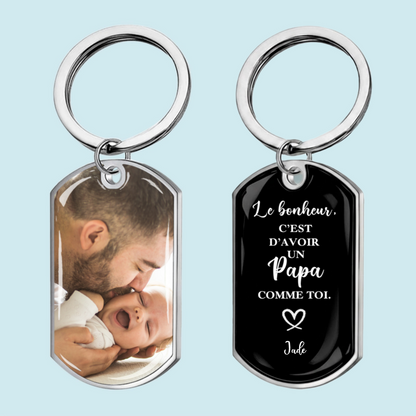 Porte-clés photo gravé en acier inoxydable avec résine époxy – Cadeau pour papa, maman, mamie et papi