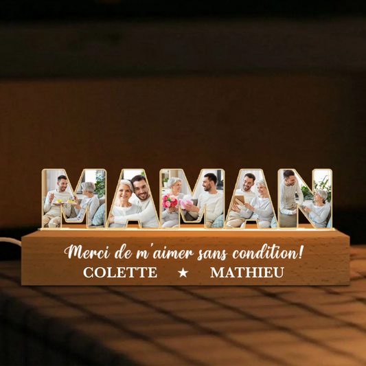 Veilleuse personnalisée avec photos, prénoms et texte – Cadeau pour maman et mamie