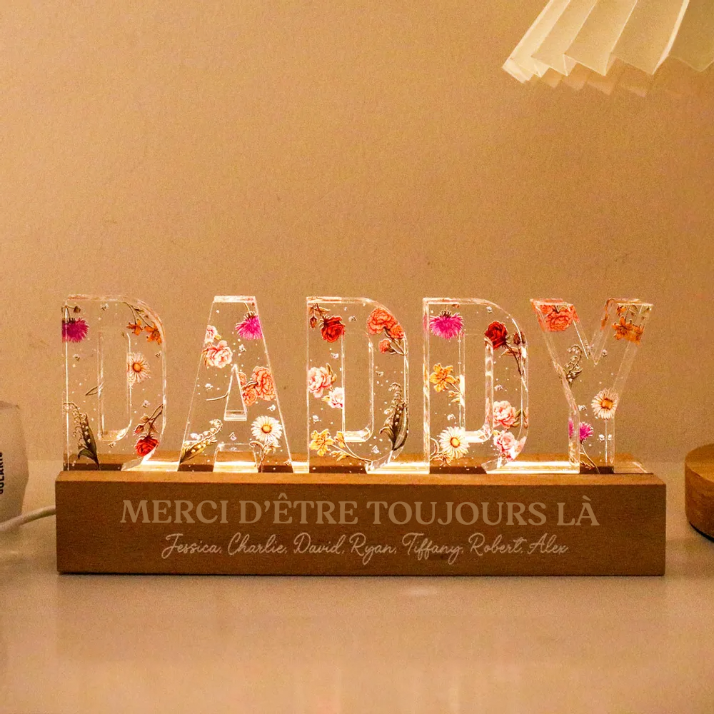 Veilleuse LED personnalisée DADDY avec fleurs de naissance, citations et prénoms – Cadeau pour papa