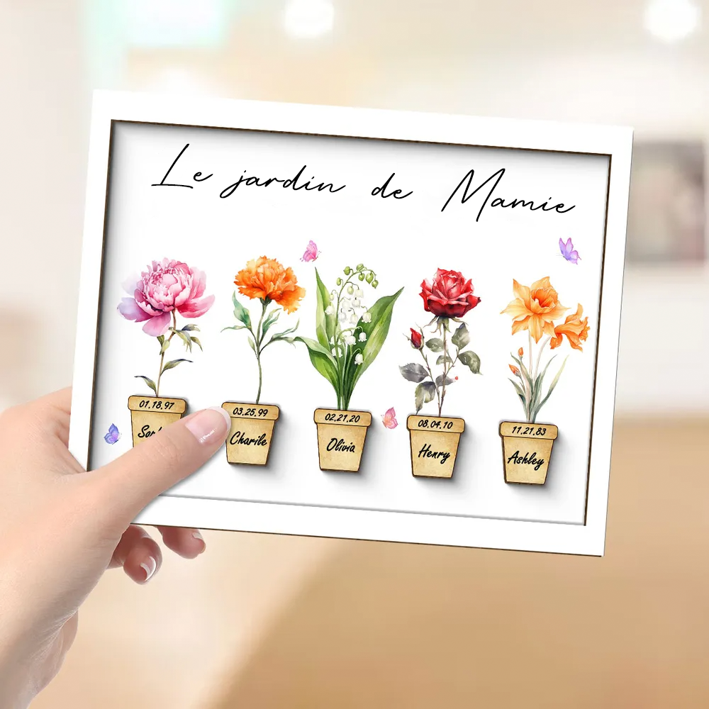 Tableau en bois personnalisé avec fleurs de naissance pour mamie et maman