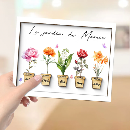 Tableau en bois personnalisé avec fleurs de naissance pour mamie et maman