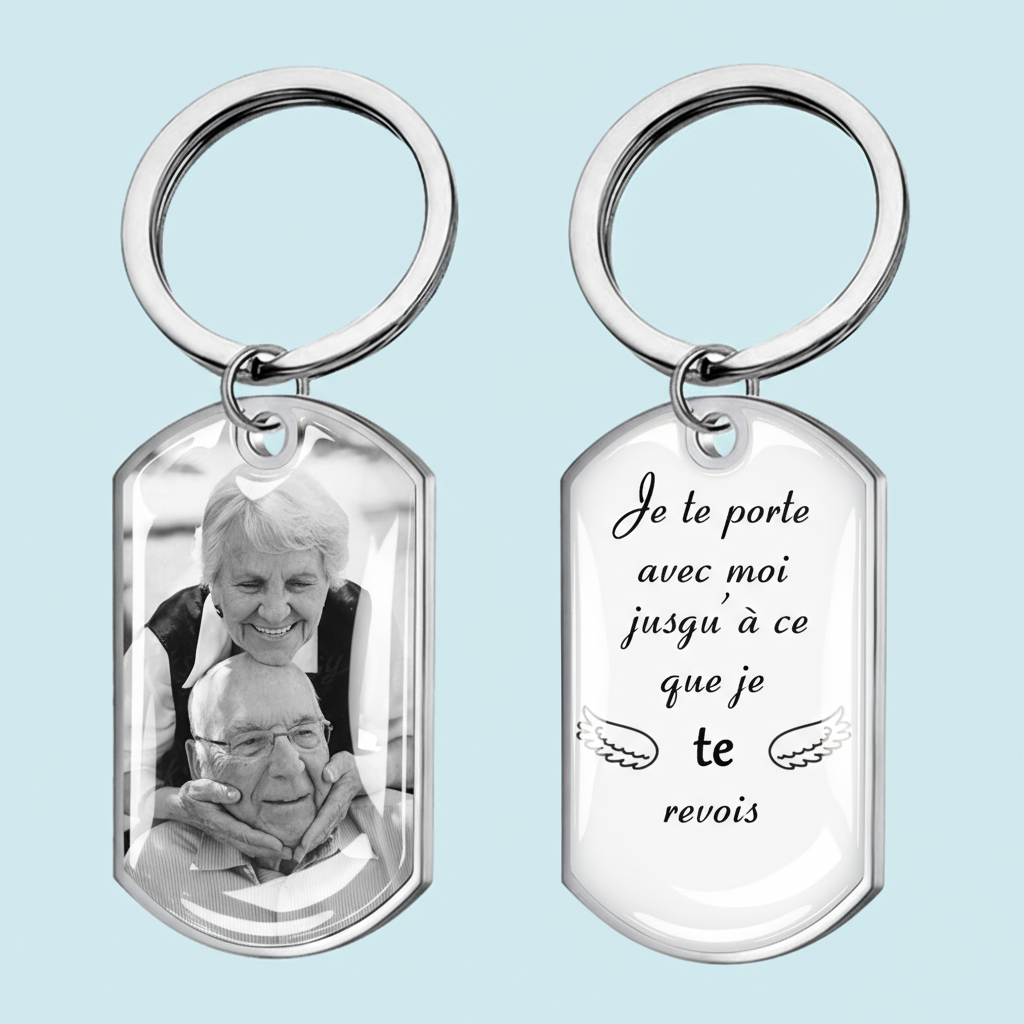 Porte-clés photo avec texte, porte-clés en acier inoxydable avec résine époxy Cadeau de deuil