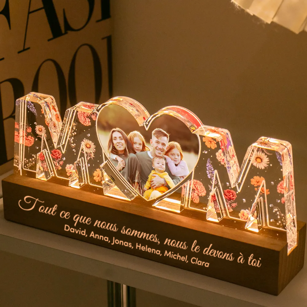 Veilleuse personnalisée "MOM" avec photo et fleurs de naissance pour maman