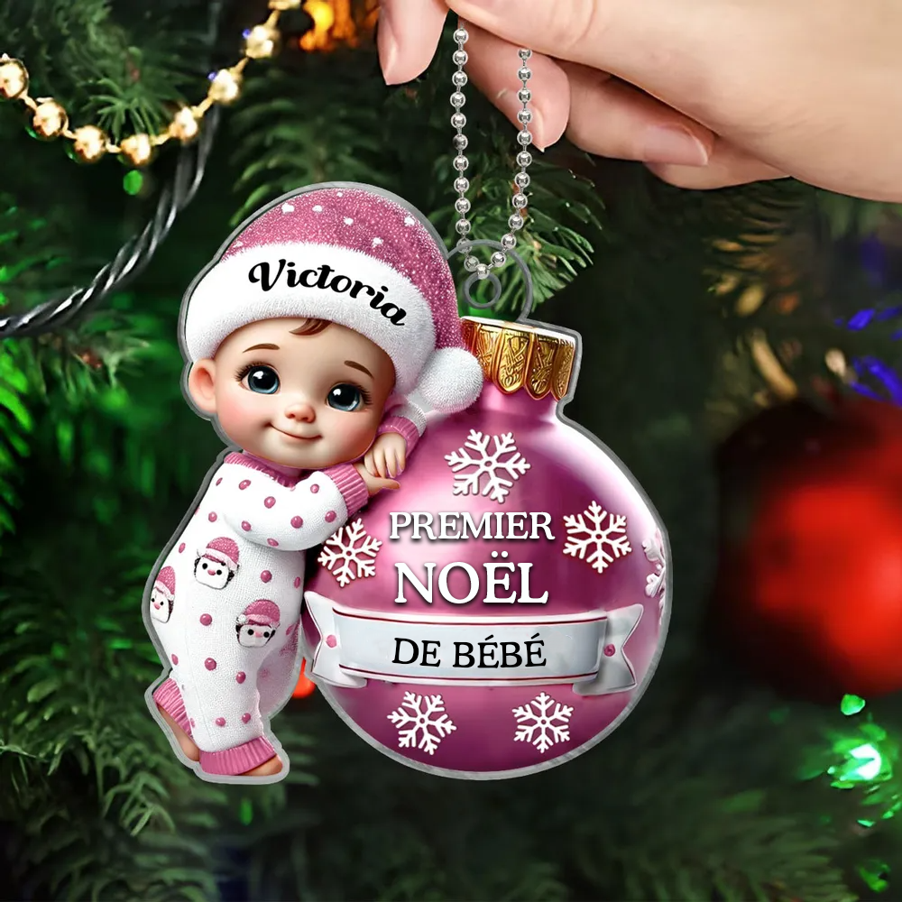 Ornement Plat Personnalisé en Acrylique 2D – Bébé Tenant une Boule pour Premier Noël
