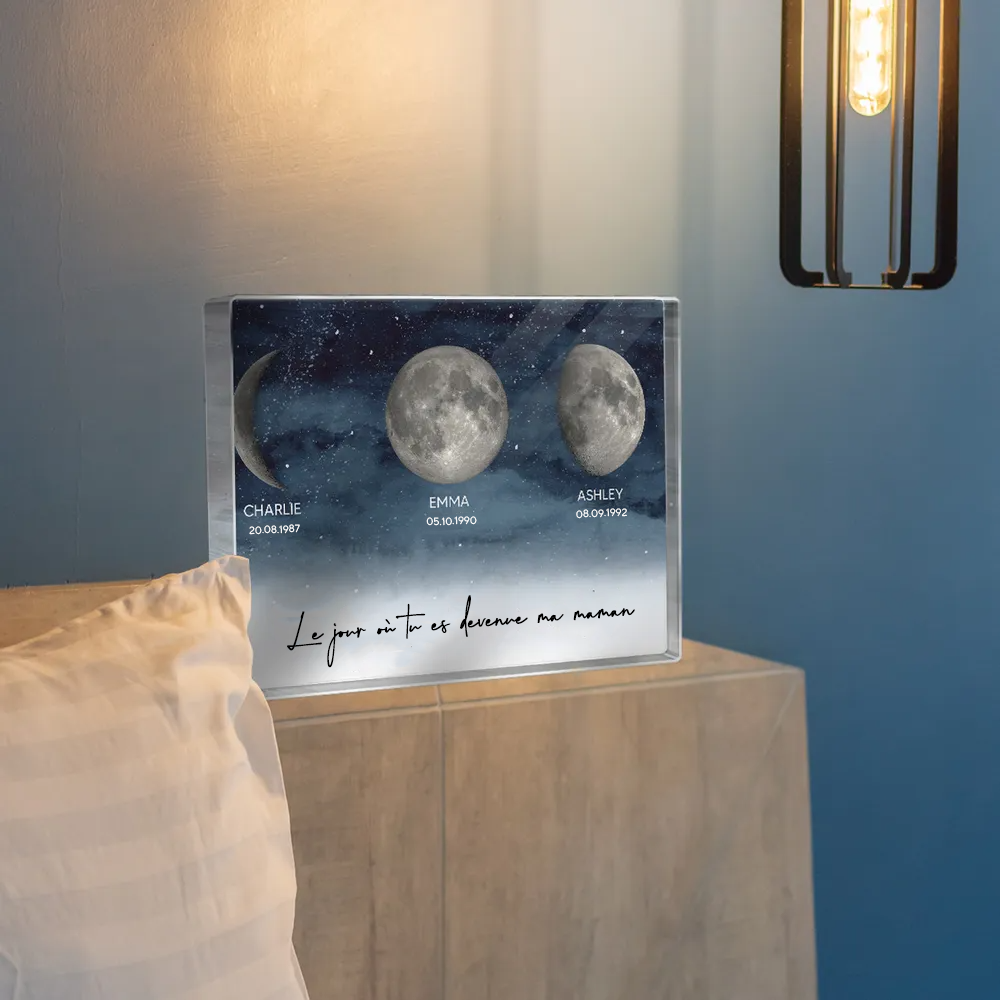 Bloc acrylique personnalisé avec phases lunaires et texte Cadeau pour papa et maman