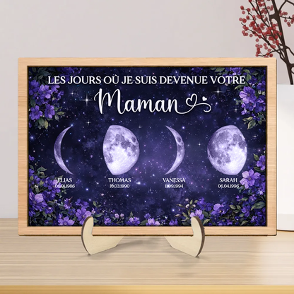 Fleurs violettes et phases de lune – Présentoir en bois personnalisé – Cadeau pour maman